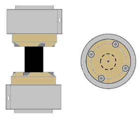 Figure 1. Phenolic platens (Left: side view of the clamps with black specimen in the center, right: top view, dotted line indicates specimen positioning and central dot is a thermocouple)