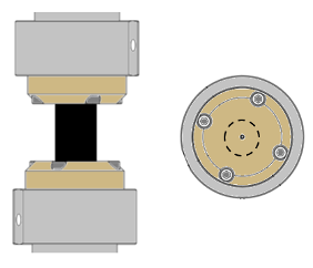 EF033_Fig.1 Figure 1. Phenolic platens (Left: side view of the clamps with black specimen in the center, right: top view, dotted line indicates specimen positioning and central dot is a thermocouple)