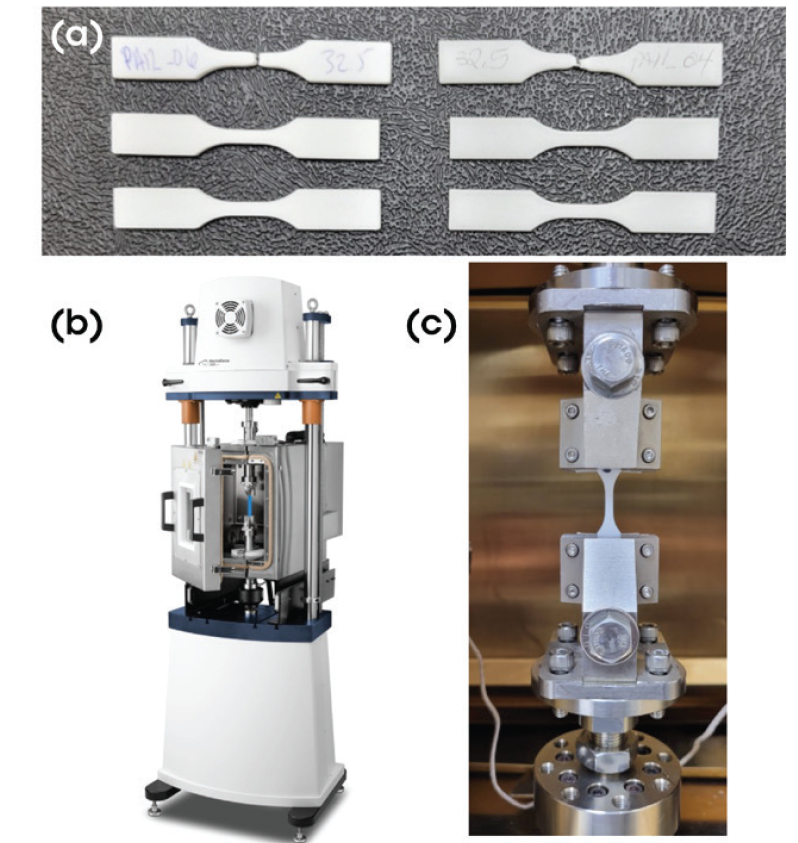 EF037 Fig1 Figure 1. (a) PA12 (left) and PA11 (right) Type V dog bone samples intact and after failure, (b) ElectroForce 3300 instrument with a tensile configuration and temperature control system attached, and (c) representative Type V dog bone clamped in tension for monotonic and fatigue testing.