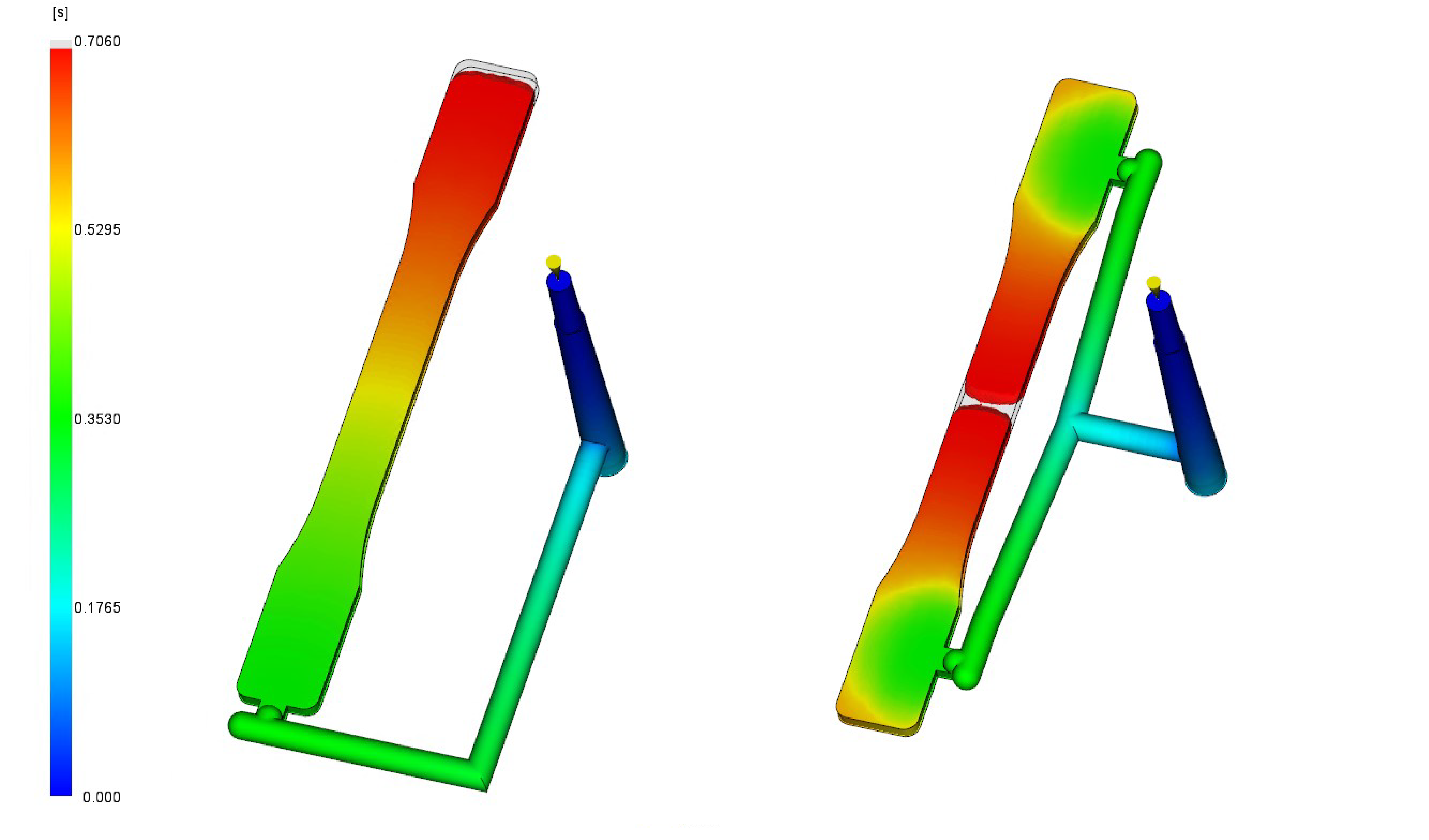 Figure 1. Mold filling simulation of molding single and dual gate sample
geometries. Color gradients represent fill time, the time taken to flow
material to part during molding.