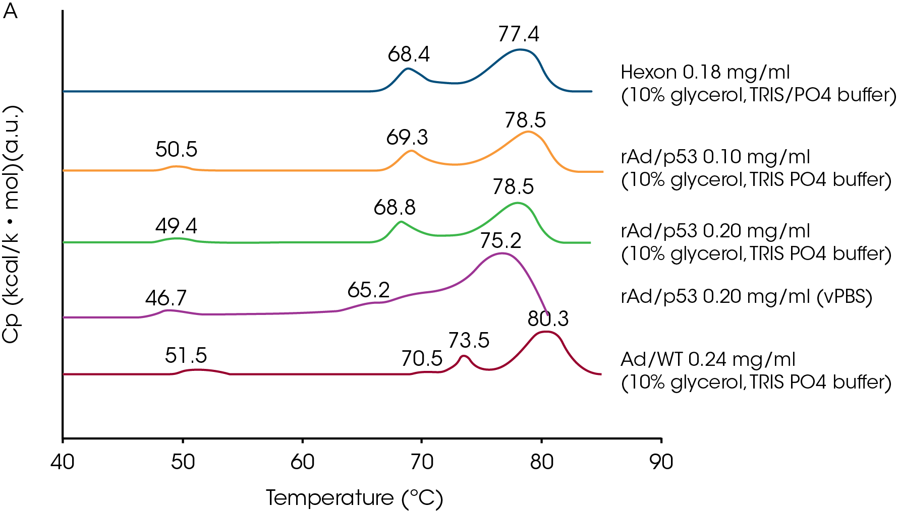 Fig A. DSC scans of capsid protein alone (hexon), mutant virus (rAd/p53) at two concentrations and in different buffers, and wildtype virus (Ad/WT). Samples were scanned at 1 °C/min in a Nano-DSC.