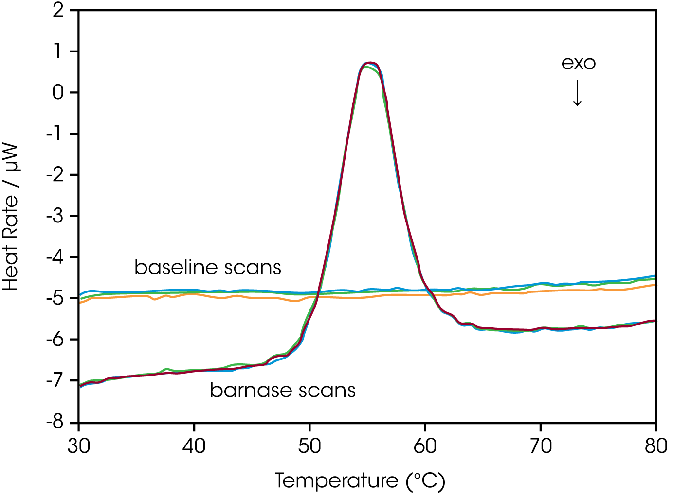 Fig. 1. Three baseline temperature scans, and three scans of 60 μg of barnase in 0.3 mL 20 mM phosphate buffer, pH 5.5 obtained at a scan rate of 1 °C/min using DSC.