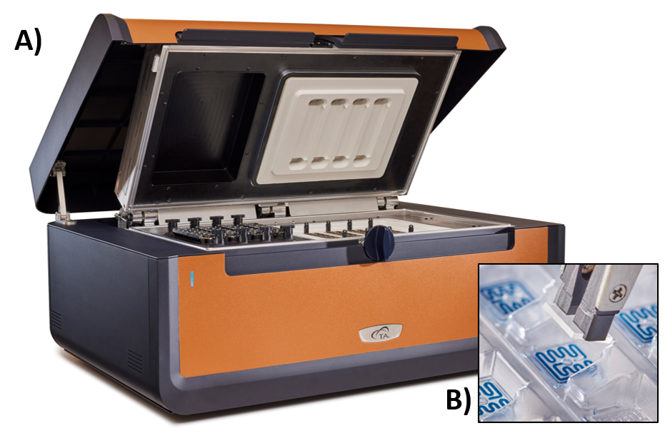 Figure 1. A) TA Instruments RS-DSC and B) disposable microfluidic chip (MFC) and cover slip.
