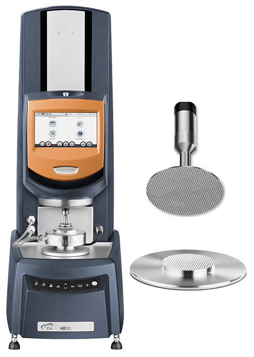 Figure 1. Picture of TA Discovery HR-30 rheometer with a crosshatched parallel plate geometry