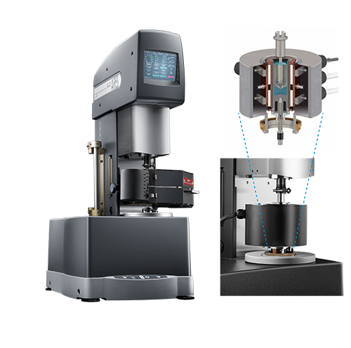 Figure 2. (Left) Picture of TA ARES-G2 rheometer. (Right) Image of the Advanced Peltier System (APS) and a schematic of the cup with DIN rotor.