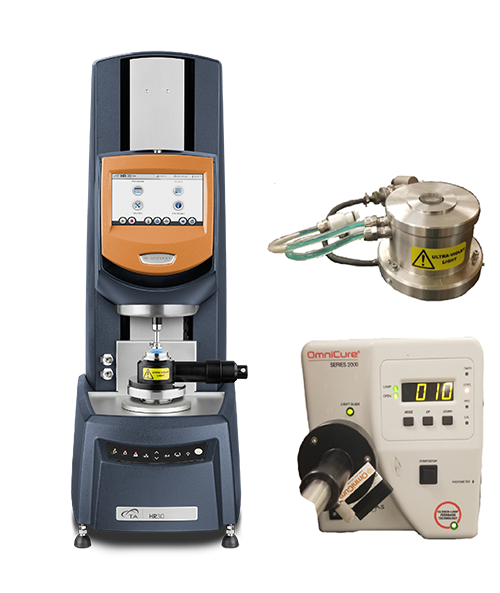 Figure 2. (Left) Picture of TA Instruments HR-30 Rheometer equipped with the light guide UV geometry. (Upper Right) Image of the single wavelength LED UV fixture (available in multiple wavelengths). (Bottom Right) The OmniCure source unit provides a spectrum of wavelengths using a mercury lamp to the light guide fixture (available with optical filters for specific wavelengths).