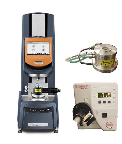 RH118_Fig.2 Figure 2. (Left) Picture of TA Instruments HR-30 Rheometer equipped with the light guide UV geometry. (Upper Right) Image of the single wavelength LED UV fixture (available in multiple wavelengths). (Bottom Right) The OmniCure source unit provides a spectrum of wavelengths using a mercury lamp to the light guide fixture (available with optical filters for specific wavelengths).