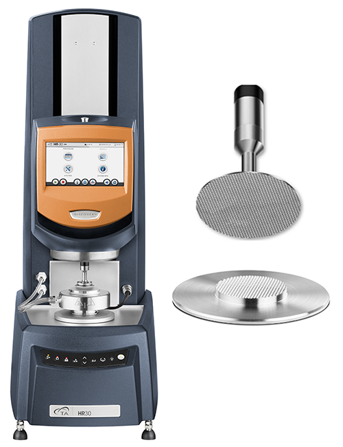 Figure 1. DHR-2 rheometer (TA Instruments) with crosshatched plate-plate 25 mm geometry used to determine the viscoelastic properties of collagen hydrogels.