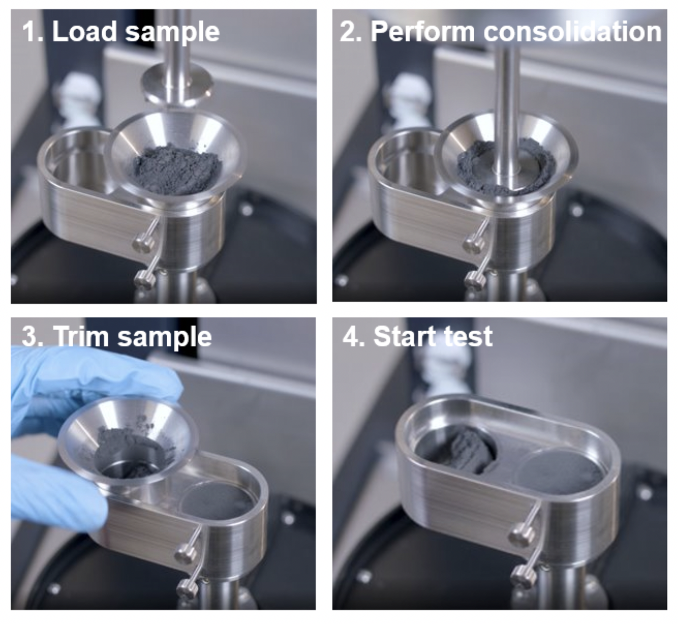 Figure 2. Sample loading and trimming for the Powder Shear Accessory.