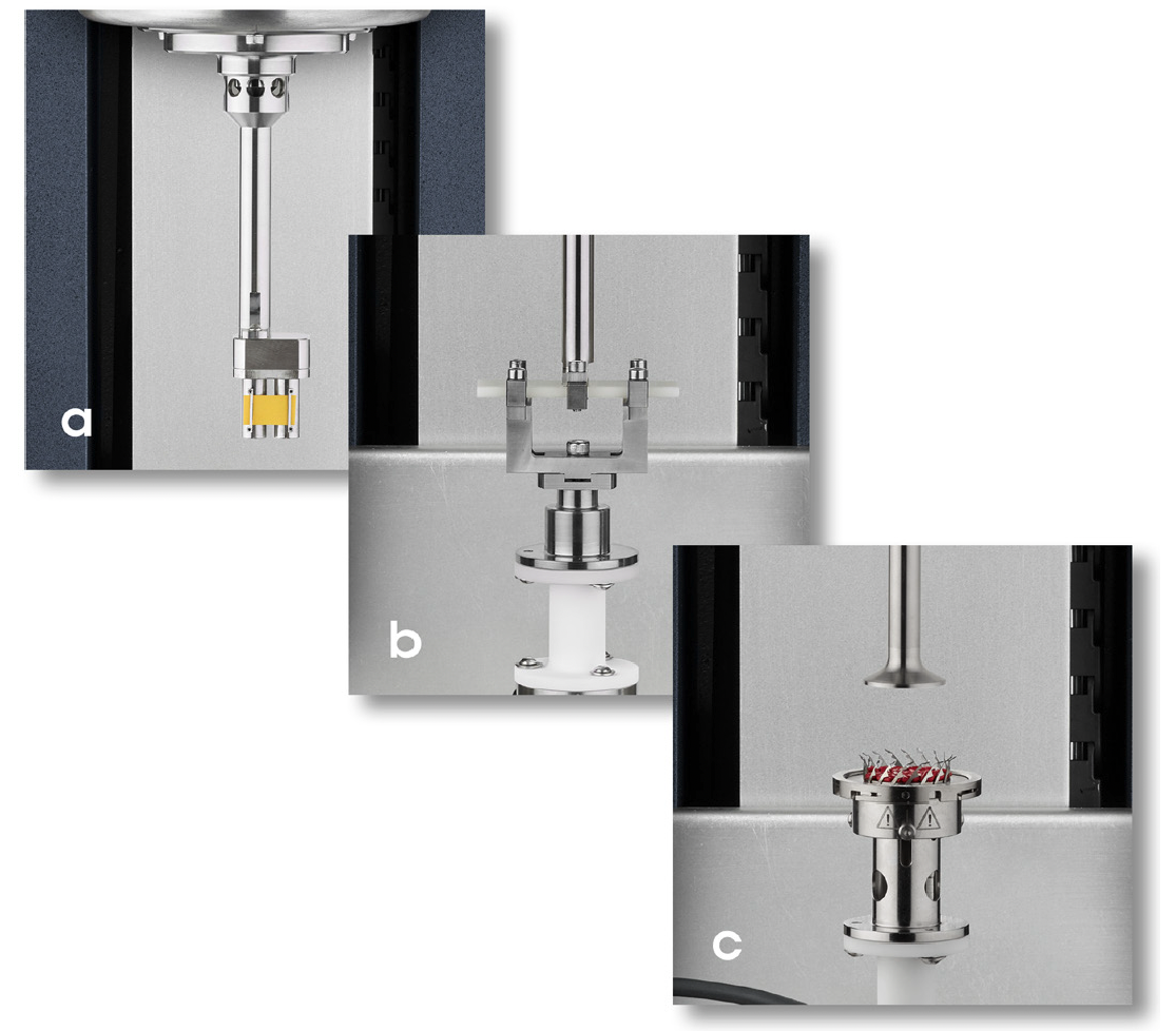RH131 Fig1 Figure 1. (a) Extensional Viscosity Accessory, (b) Cantilever clamp for DMA mode, and (c) auto-trim accessory for 25 mm parallel plate polymer melt analysis.