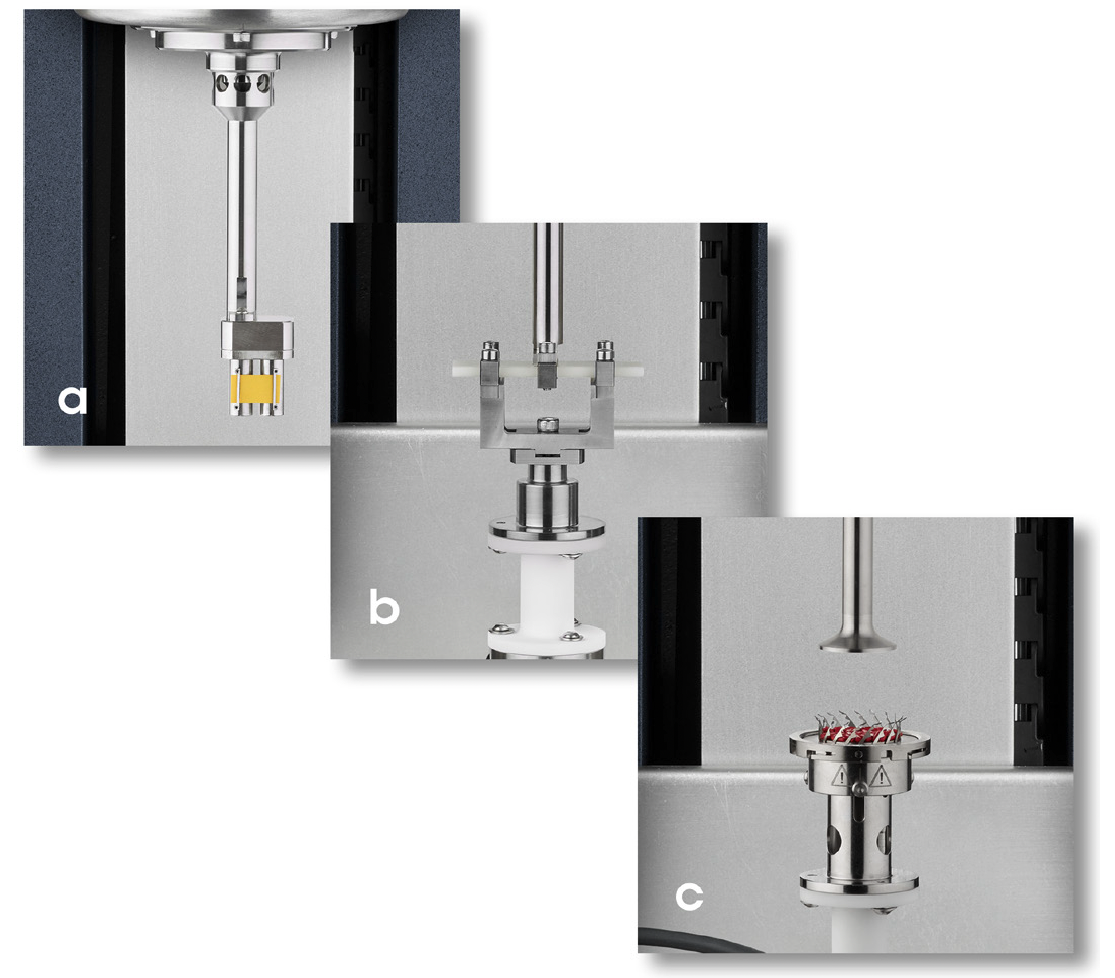 Figure 1. (a) Extensional Viscosity Accessory, (b) Cantilever clamp for DMA mode, and (c) auto-trim accessory for 25 mm parallel plate polymer melt analysis.