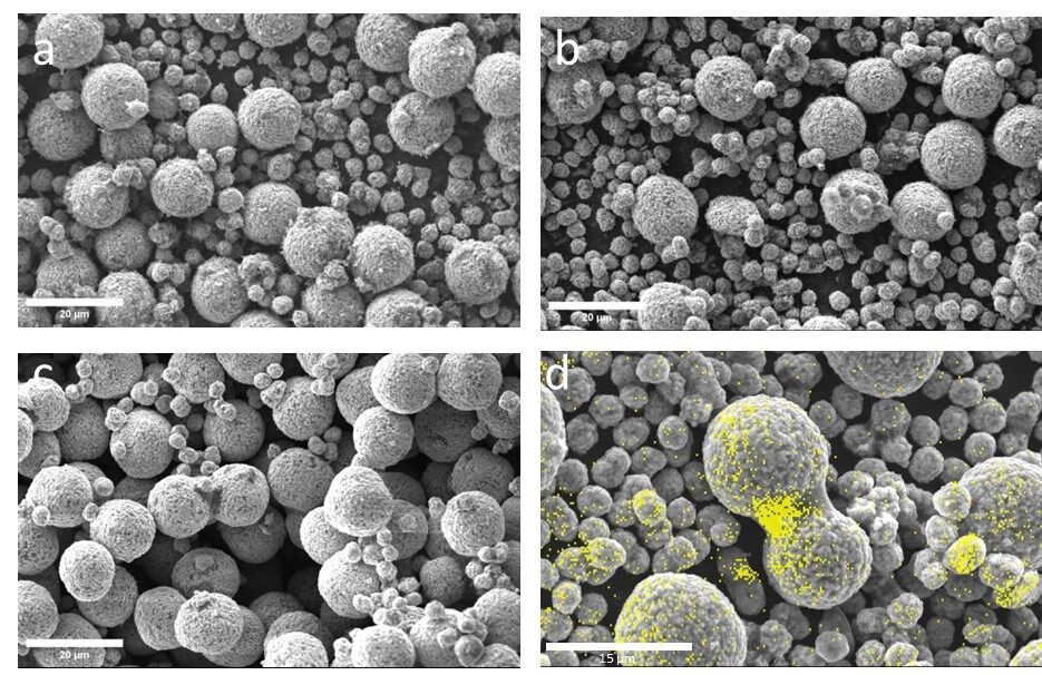 Figure 2. Scanning Electron Microscopy (SEM) of 96:3:1 (a), 96:2:2 (b), and 96:1:3 (c). EDS map of carbon content bridging particles in the 96:1:3 powder (d).