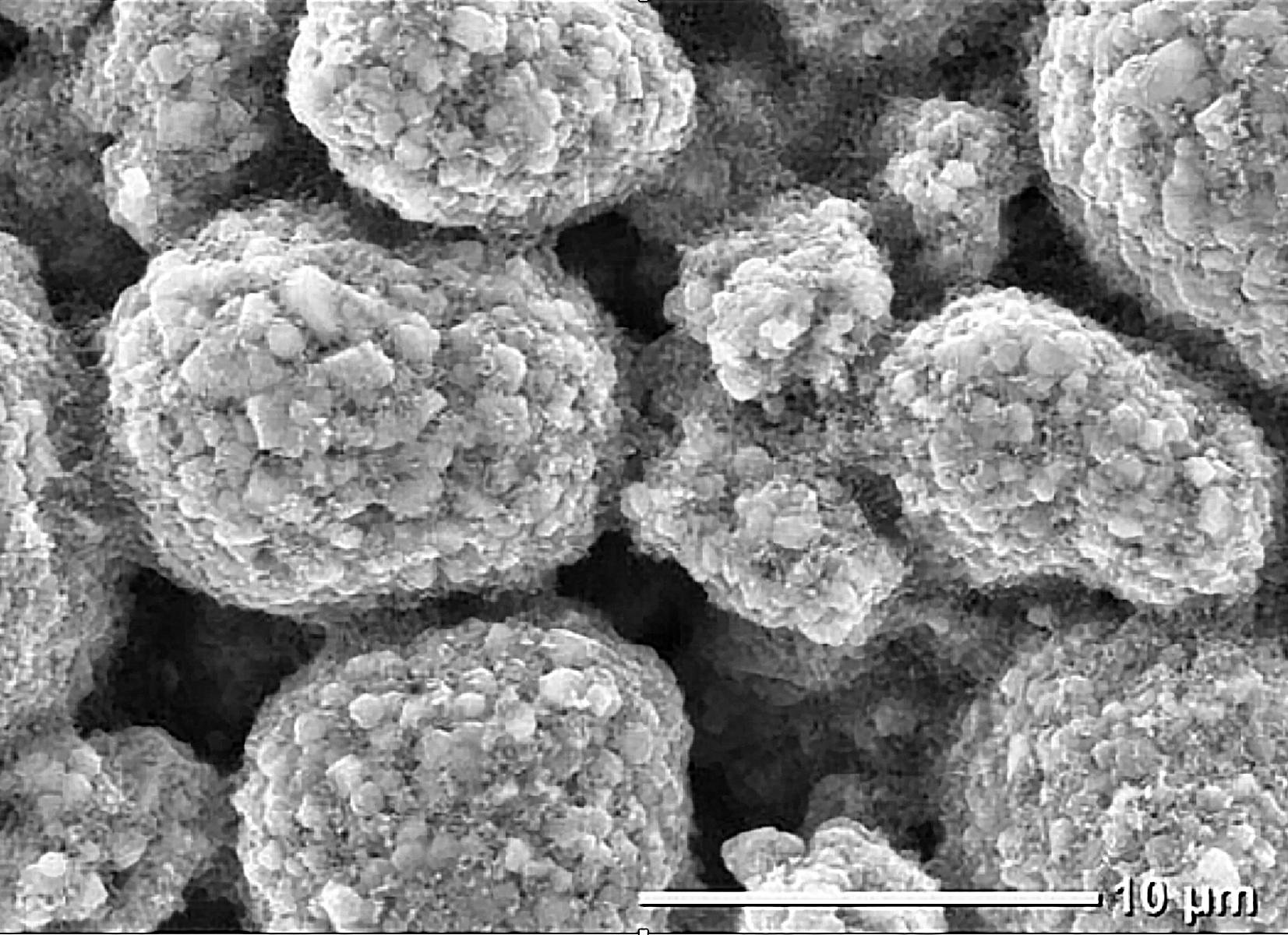Figure 1: SEM image of example cathode. Particles with size of around 10 μm are NMC, particles surrounding NMC are CB.