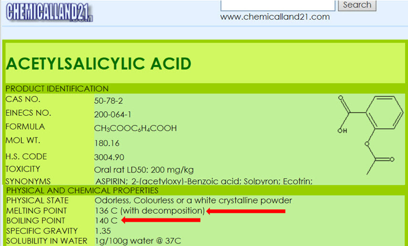 TA401_Fig 2 Figure 2: A search of the literature for Acetylsalicylic Acid shows that decomposition occurs at the melting point. Therefore, loss of crystalline structure does not meet criteria #2 (without chemical change) of the definition for True Melting. www.chemicalland21.com/lifescience/phar/ACETYLSALICYLIC%20ACID.htm