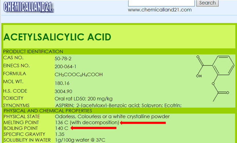 Figure 2: A search of the literature for Acetylsalicylic Acid shows that decomposition occurs at the melting point. Therefore, loss of crystalline structure does not meet criteria #2 (without chemical change) of the definition for True Melting. www.chemicalland21.com/lifescience/phar/ACETYLSALICYLIC%20ACID.htm