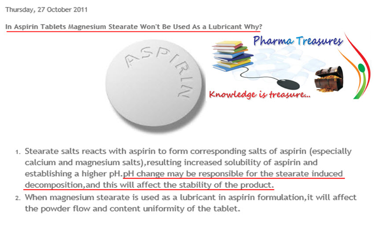 Figure 6: Text from Pharma Treasures, an informatory site that shares pharma related articles, identifies the incompatibility issue between magnesium stearate and aspirin. It refers to this interaction as “induced decomposition”. pharmatreasures.blogspot.com/2011/10/in-aspirin-tablets-magnesium- stearate.html