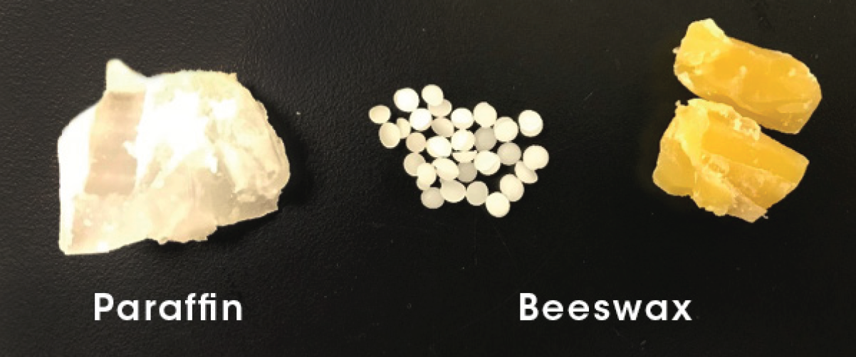 TA405_Fig01 Figure 1. Image of three waxes: paraffin, white beeswax, and yellow beeswax (left to right).