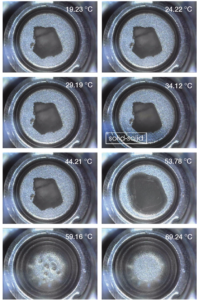 Figure 9. Paraffin wax sample was heated from below room temperature to above its melting point and the solid-solid (~35°C) and solid-liquid (~53°C) transitions were captured by the microscope.