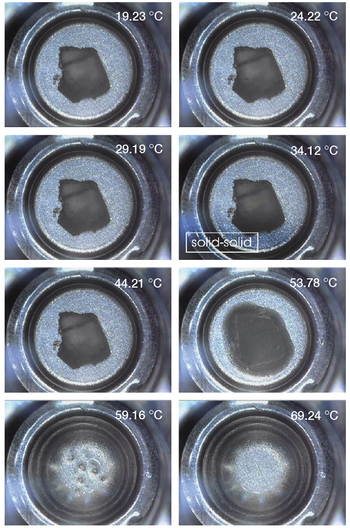 TA405_Fig09 Figure 9. Paraffin wax sample was heated from below room temperature to above its melting point and the solid-solid (~35°C) and solid-liquid (~53°C) transitions were captured by the microscope.
