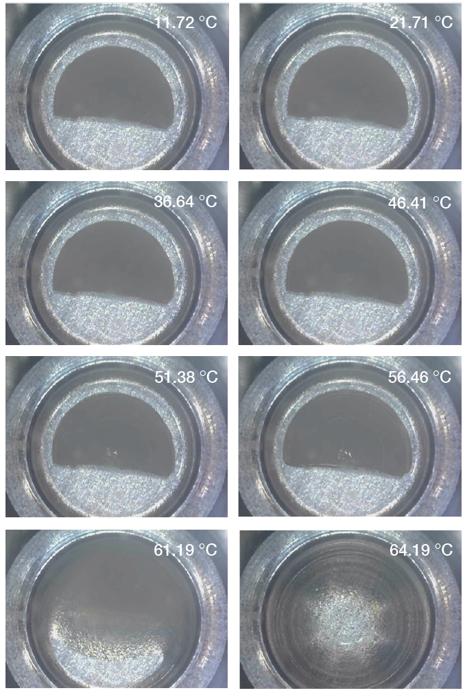TA405_Fig10 Figure 10. White beeswax was heated from below room temperature to above its melting point. It was partially melted around 51.38°C and fully melted around 61.19°C.