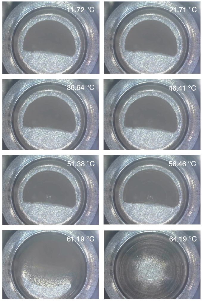 Figure 10. White beeswax was heated from below room temperature to above its melting point. It was partially melted around 51.38°C and fully melted around 61.19°C.