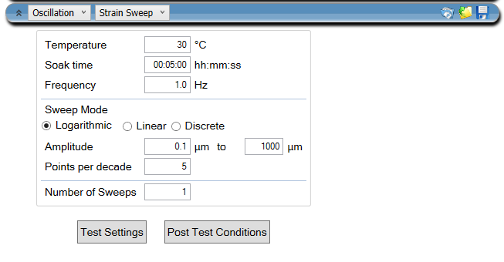 TA438_Fig.2 Figure 2. Test setup in TRIOS for a strain sweep on the DMA 850 experiment to obtain the data in figure 1.