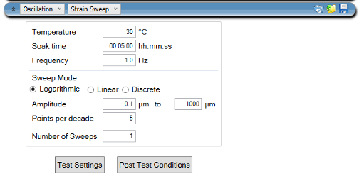 Figure 2. Test setup in TRIOS for a strain sweep on the DMA 850 experiment to obtain the data in figure 1.