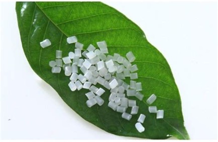 Figure 1. PLA feedstock with leaf representing the bioderived nature of the polymer.