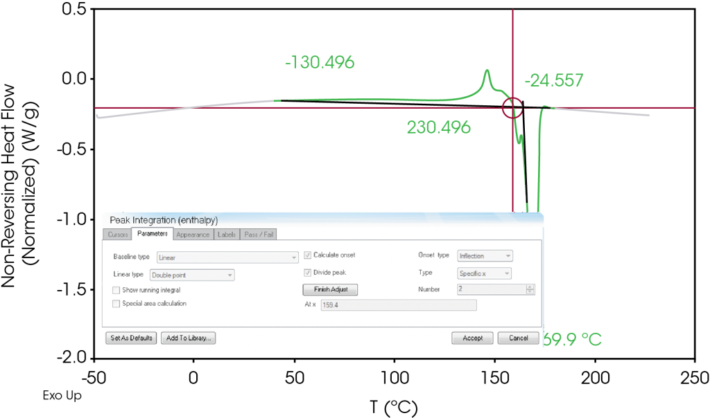 Figure 6. Parsing exothermic and endothermic non-reversing heat flow using peak integration tool