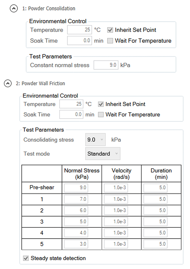 Figure 2: TRIOS inputs for wall friction measurements